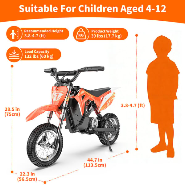 HillMiles MileRocket1 Elektrisk børnemotorcykel 36V 3 hastigheder 25 km/t Orange – 4-10 år, rækkevidde 20 km