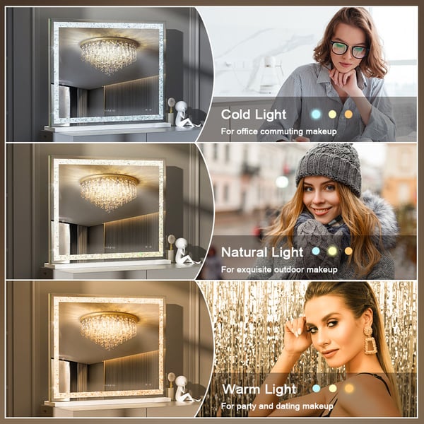 VANITII 100x80cm Hollywood makeupspejl med belysning Bluetooth bordpladevægmontering Metal White