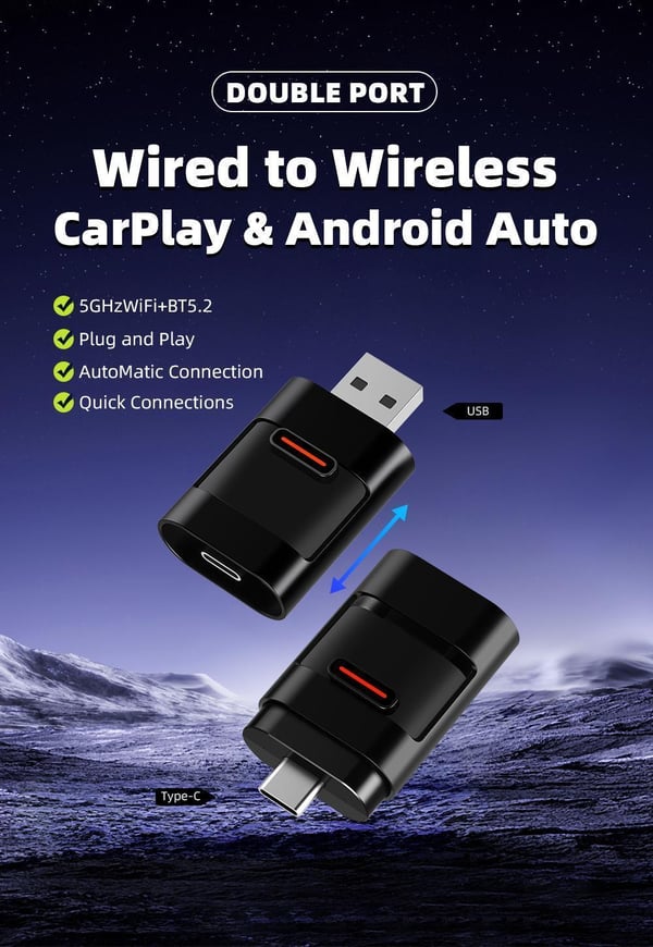 Ny 2025 2-i-1 CarPlay & Android Auto Adapter – Fra kabel til trådløs, Dual Port (USB & Type-C), Bluetooth 5.2 + WiFi 5GHz, Stabil forbindelse uden for