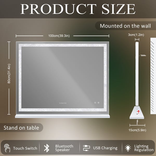 VANITII 100x80cm Hollywood makeupspejl med belysning Bluetooth bordpladevægmontering Metal White