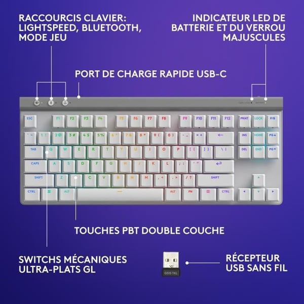 Logitech G515 LIGHTSPEED trådlöst tangentbord utan numerisk knappsats (brun strömbrytare) - Vit