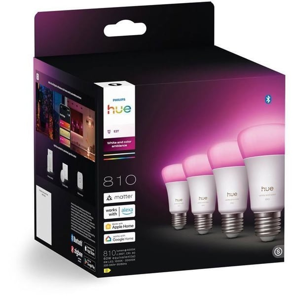 Pakke med 4 A60 tilsluttede LED-p�rer - PHILIPS HUE - Hvidt og farvet lys - E27-fatning - 6W - 1000-2000k - 810 lumen