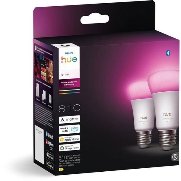 Pakke med 2 A60 tilsluttede LED-p�rer - PHILIPS HUE - Hvidt og farvet lys - E27-fatning - 6W - 1000-2000k - 810 lumen