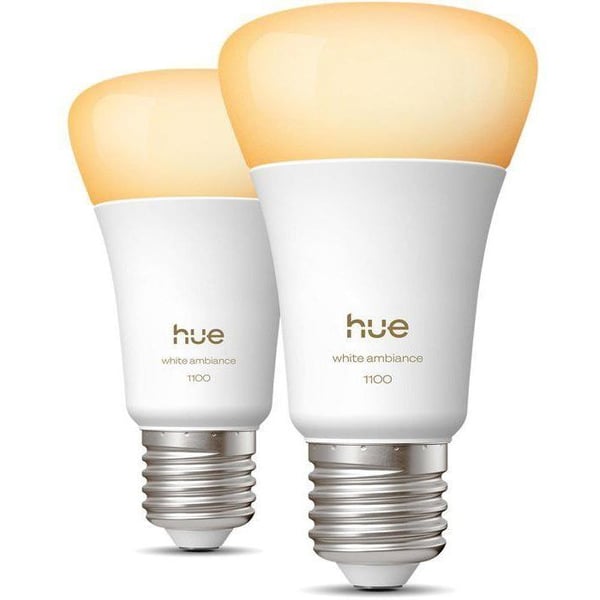 Pakke med 2 A60 tilsluttede LED-p�rer - PHILIPS HUE - Varmt hvidt lys - E27-fatning - 8,1W - 1000-2000k - 1100 lumen