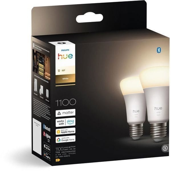 Pakke med 2 A60 tilsluttede LED-p�rer - PHILIPS HUE - Varmt hvidt lys - 2700K - E27-fatning - 9,5W - 1100 lumen