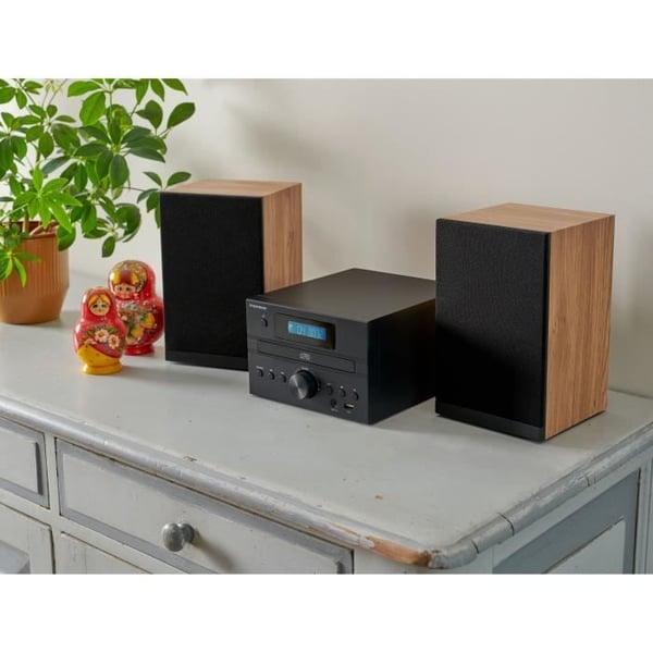 Bluetooth-mikroj�rjestelm� - THOMSON - Puu/Musta - FM/CD/MP3/USB-radio, 20W RMS, FM RDS-viritin, Kuulokeliit�nt�, Kaukos��din, Virtal�hde. 230V
