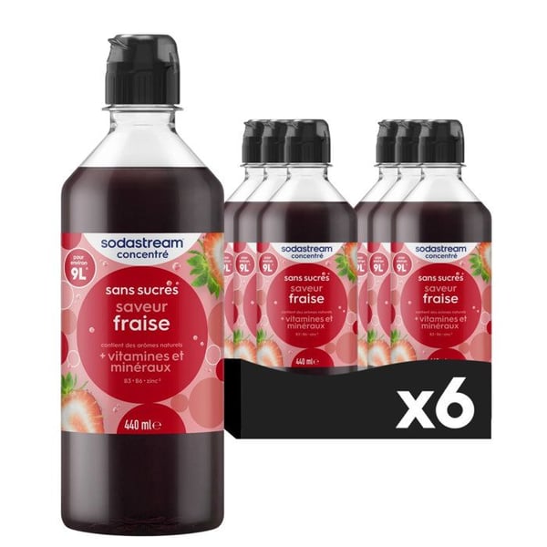 SODASTREAM Koncentrat - Förpackning med 6 sockerfria jordgubbskoncentrat - Upp till 54 liter drycker - 440 ml