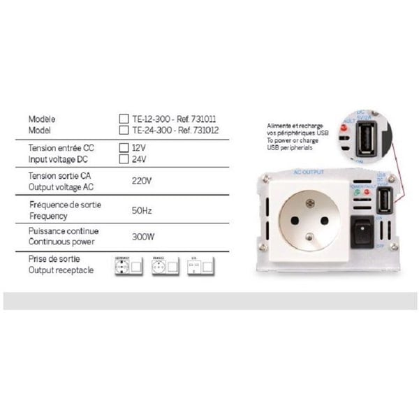 Spänningsomvandlare - THOMSON - 24/220 V - 300 W - Med USB-uttag