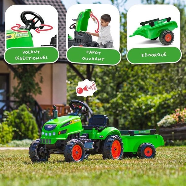 FALK - Green X -traktoripedaalitraktori avattavalla hupulla ja per�vaunu mukana
