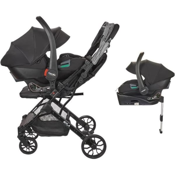 NANIA - 2-i-1 kombineret klapvogn med Rimini autostol + isofix-base - MYLA - 4 hjul - Sort