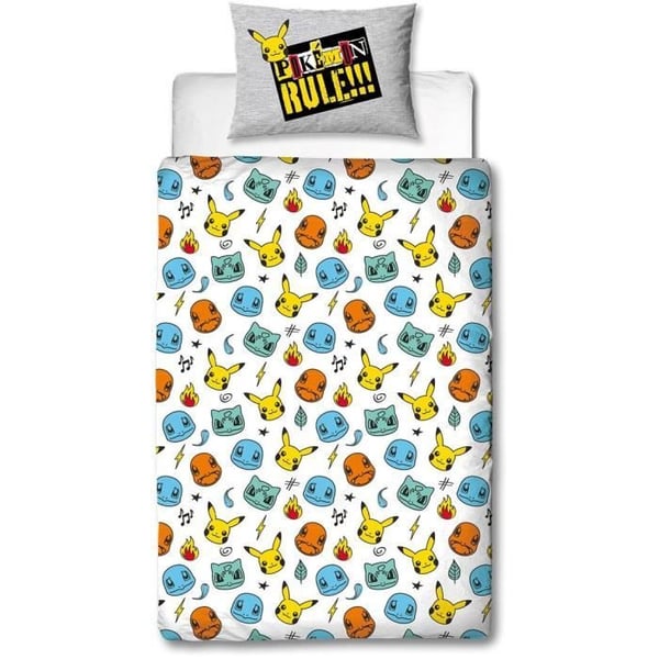 Vändbart bäddset - POKEMON - Pikachu och Starter - Grå - Mikrofiber - 1 påslakan 140 x 200 cm + 1 örngott 63 x 63 cm
