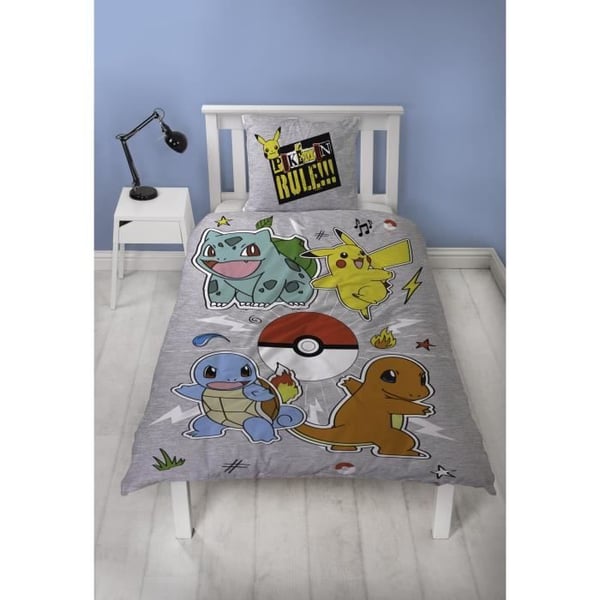 Vändbart bäddset - POKEMON - Pikachu och Starter - Grå - Mikrofiber - 1 påslakan 140 x 200 cm + 1 örngott 63 x 63 cm