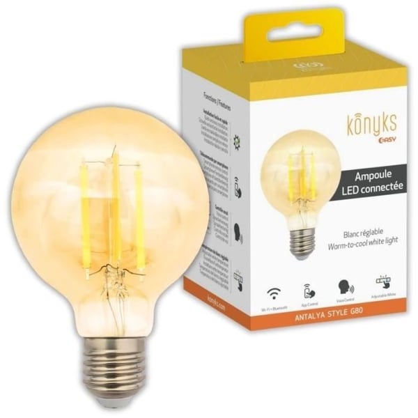 Wi-Fi + BT-lampa, Justerbar vit, E27, 7W - Konyks Antalya Style G80-E27