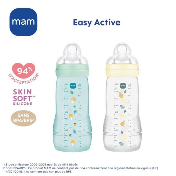 S�t med 2 flasker - MAM BABY - Easy Active - +6 m�neder - 330 ml - X-flow sut - Ice + Pearl