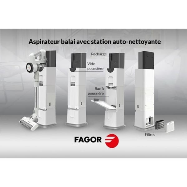 2 i 1 sladdlös kvastdammsugare - FAGOR FG6415 - 300W - Med självrengörande bas - Flexibelt rör - 3 hastigheter - Autonomi 60 min