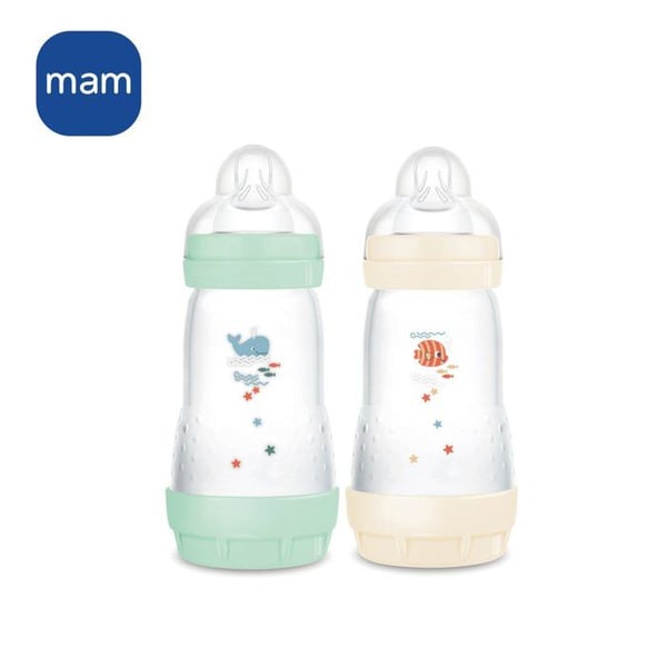 2 tuttipullon setti - MAM - Easy Start - Classic Anti-Colic - 260 ml - Virtausnopeus 2 Tutti - Minttu + puuvilla