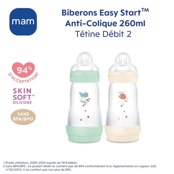 2 tuttipullon setti - MAM - Easy Start - Classic Anti-Colic - 260 ml - Virtausnopeus 2 Tutti - Minttu + puuvilla