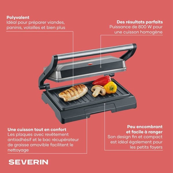 SEVERIN KG2394 Kompakt multifunktionsgrill: k�d - paninis - gr�ntsager - non-stick plader 23x14 -5 cm - fedtopsamler