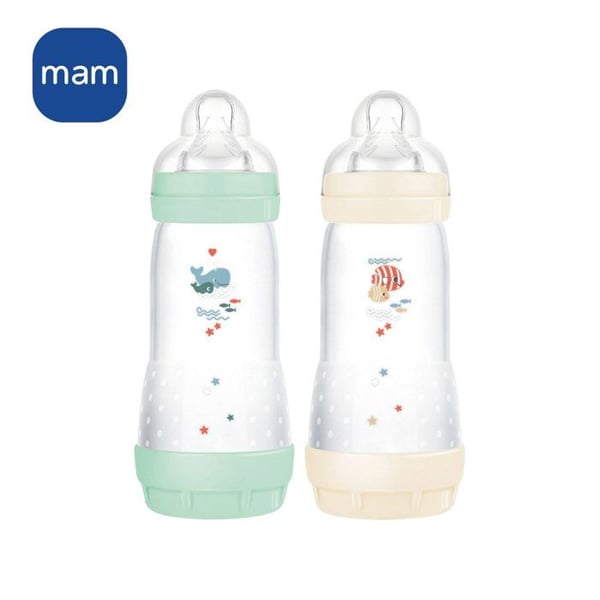 2 tuttipullon setti - MAM - Easy Start - Classic Anti-Colic - 320 ml - Virtausnopeus 3 tutti - Minttu + puuvilla