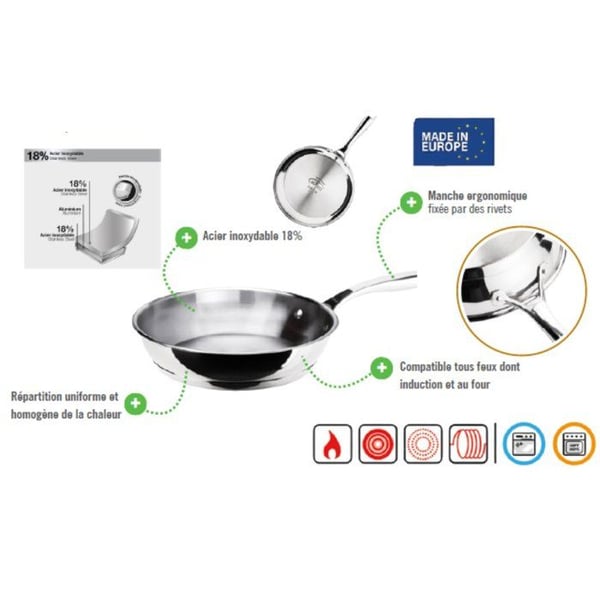 Paistinpannu - INOXIBAR - � 24 cm - Ergonominen kahva - Sopii kaikille liesitasoille, my�s induktiolle - Ruostumatonta ter�st�