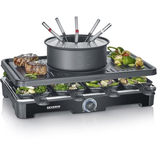 Raclette-Fondue combo - SEVERIN - RG2347 - 8 personer - Caquelon med 8 gafler og 8 spartler - Sort