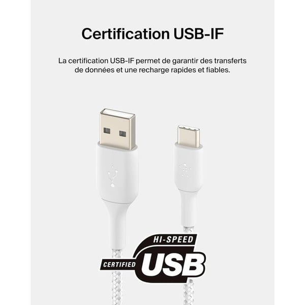 Flettet kabel - BELKIN - USB-C til USB-A - 2 m - Hvid