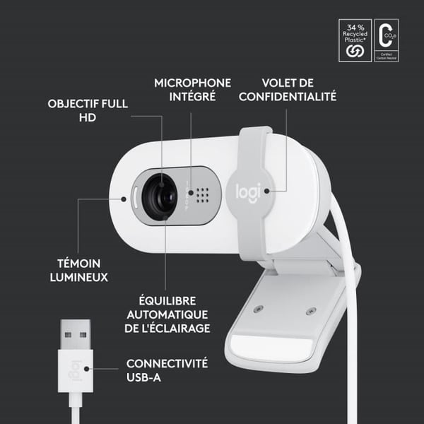 Webbkamera - Full HD 1080p - LOGITECH - Brio 100 - Integrerad mikrofon - Off-white - (960-001617)