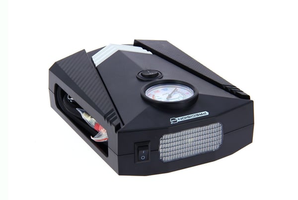12 V minikompressori - PRECISION STEEL - 8 baaria - Presta-, Schrader- ja neulaliittimet - 3 m letku - 100 W - LED-taskulamppu