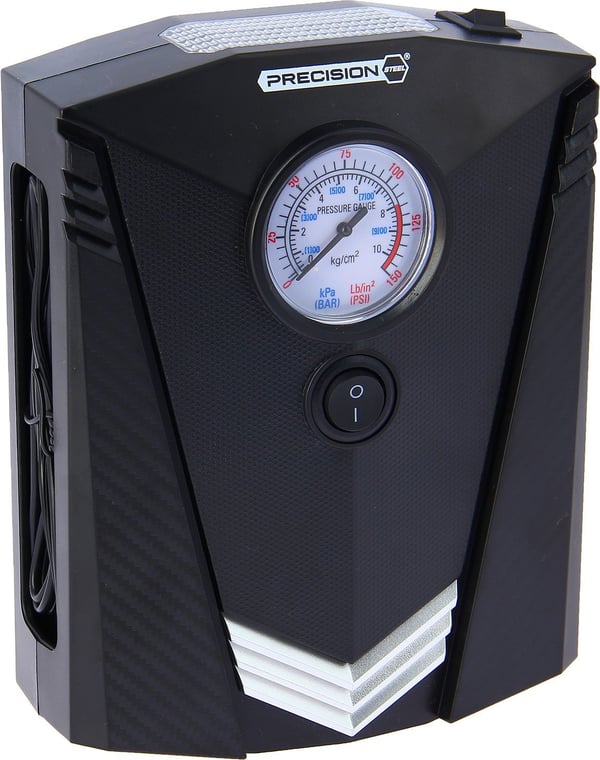 12 V minikompressori - PRECISION STEEL - 8 baaria - Presta-, Schrader- ja neulaliittimet - 3 m letku - 100 W - LED-taskulamppu