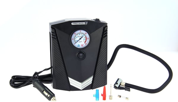 12 V minikompressori - PRECISION STEEL - 8 baaria - Presta-, Schrader- ja neulaliittimet - 3 m letku - 100 W - LED-taskulamppu