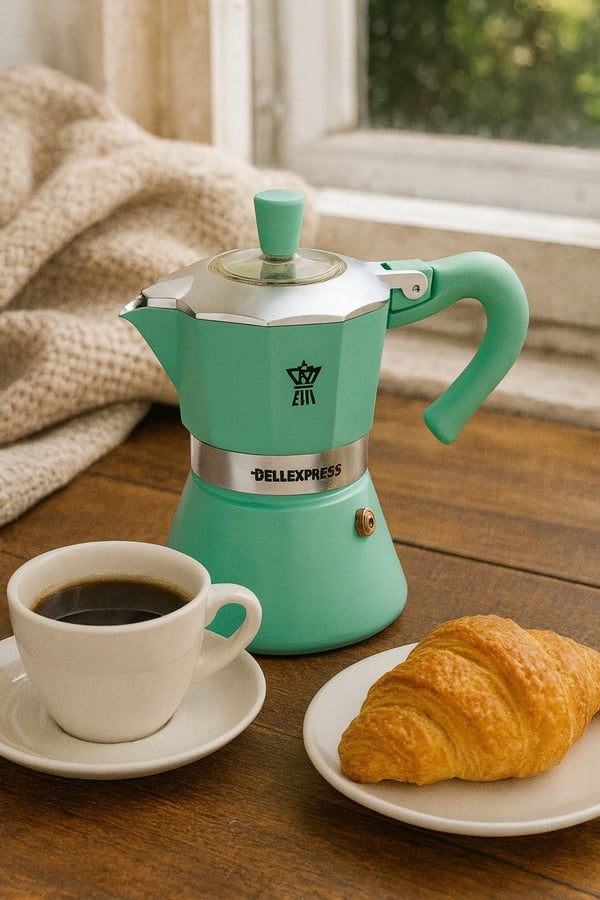 Italiensk kaffemaskine - PEZZETTI - BELLEXPRESS - Aluminium - 6 kopper - Velegnet til alle kogeplader inklusive induktion - Turkis