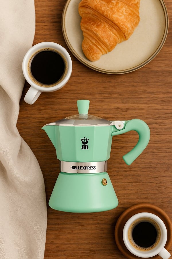 Italiensk kaffemaskine - PEZZETTI - BELLEXPRESS - Aluminium - 6 kopper - Velegnet til alle kogeplader inklusive induktion - Turkis