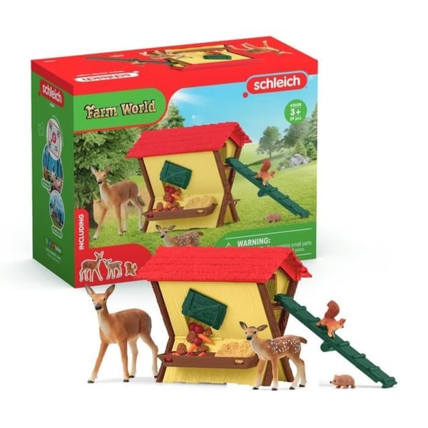 Skovdyrhytte, Schleich kiste med hytte, 1 d�, 1 fawn, 1 egern, 1 pindsvin, til b�rn i alderen 3 - schle