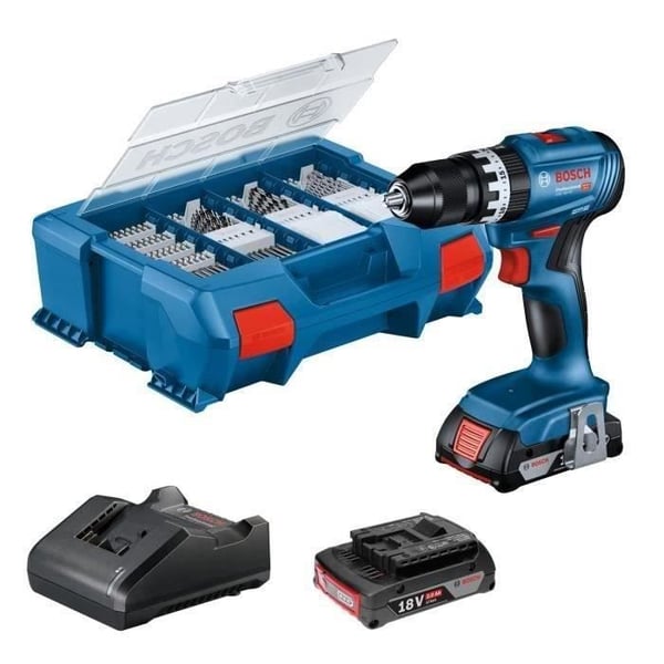 Ly�m�soittimet Bosch Professional GSB 18V-45 +2 2.0AH -paristot + Gal 18V-20 -laturi, L-tapaus ja napsauta, 82kpl.