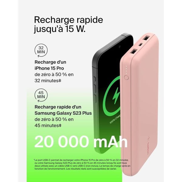 Ulkoinen akku - BELKIN - 20 000 mAh - USB-A ja USB-C - 15 W - Vaaleanpunainen