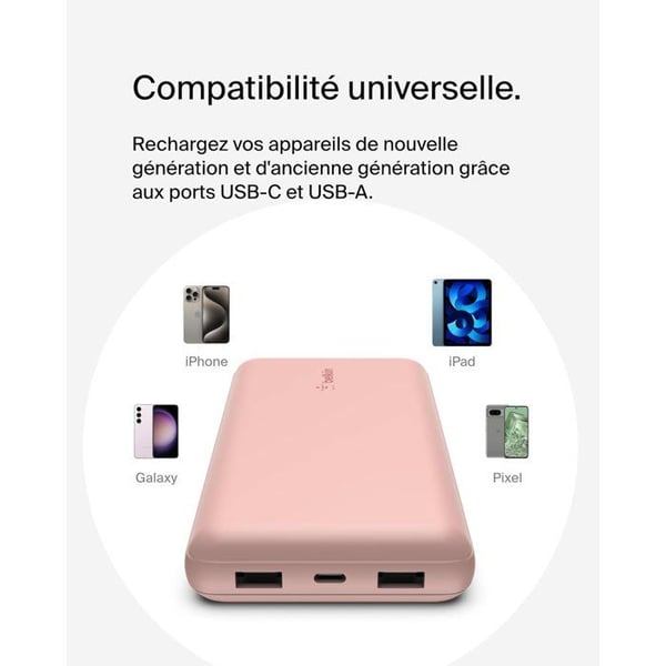 Ulkoinen akku - BELKIN - 20 000 mAh - USB-A ja USB-C - 15 W - Vaaleanpunainen