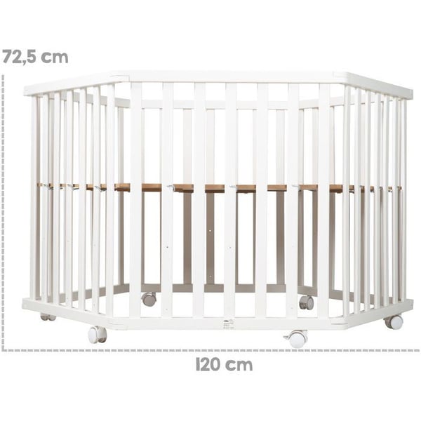 Kuusikulmainen leikkikeh� - ROBA - KETTU & PUPPU - Vastasyntyneest� 15 kg asti - S��dett�v� - Py�r�t - Valkoinen lakattu