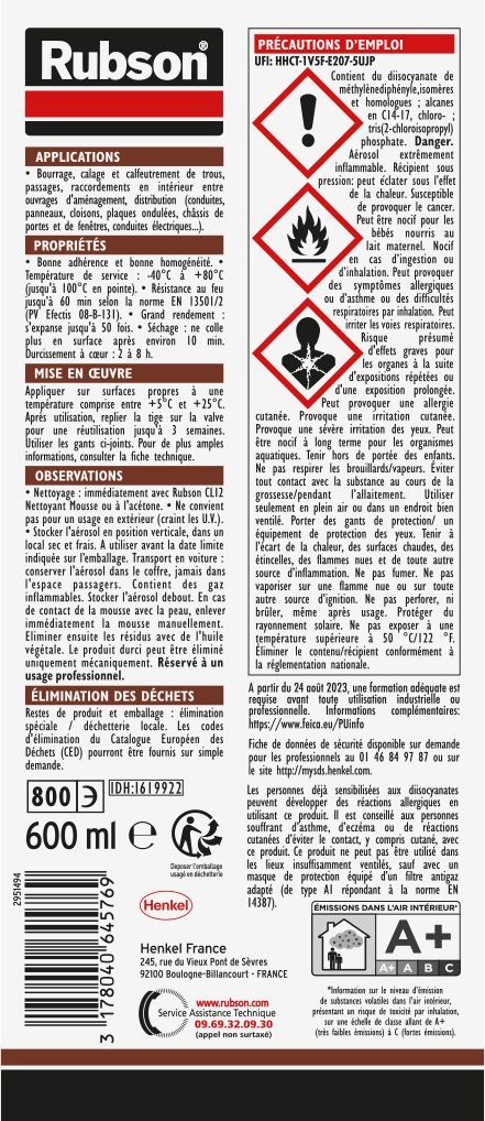 Brandh�mmende ekspanderende skum aerosol - RUBSON - CF 90 - Brandbeskyttelse - Multifunktionel isolering - 600 ml