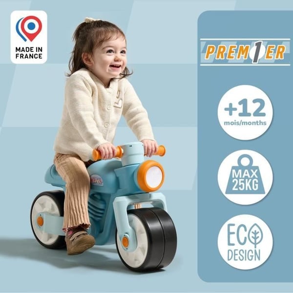 FALK Premier Motorcykel Balancecykel - Med lydl�se hjul - Bl� - 75% Genbrugsplastik - 100% Fremstillet i Frankrig - Fra 12 m�neder