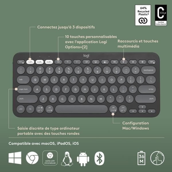 LOGITECH - Tr�dl�st tastatur - Pebble Keys 2 M380s - Bluetooth - Easy-Switch knap - Grafit - (920-011803)