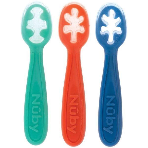 S�t med 3 babyskeer - NUBY - Silikone - Fra 6 m�neder - Bl� / R�d / Gr�n