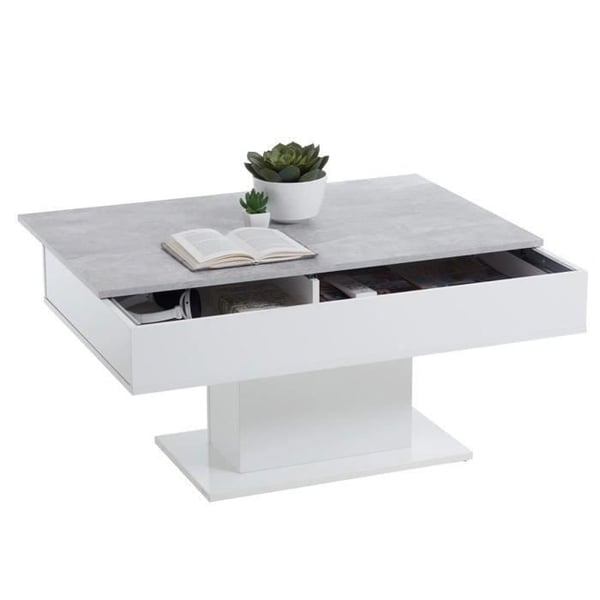 Tofarvet sofabord med skydeplade - LA betongrå og blank hvid indretning - L100 x H46,1 x D65 cm - Made in Germany