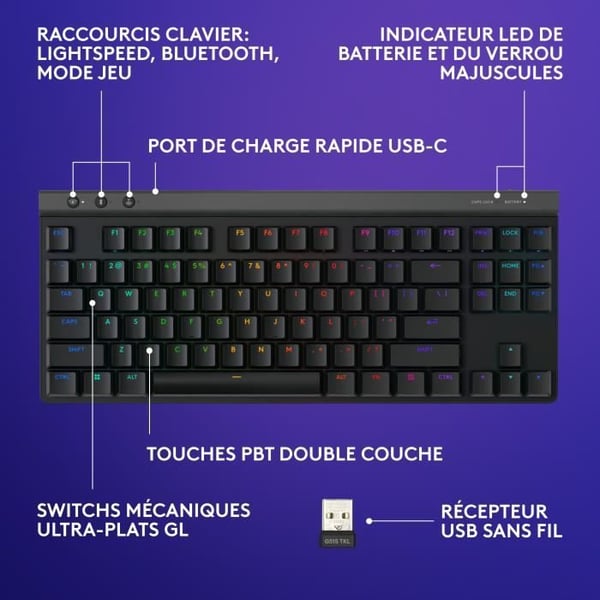 Gaming Keyboard - Tr�dl�st - Logitech G - G515 TKL Lightspeed - Mekanisk taktil - RGB - AZERTY - Sort