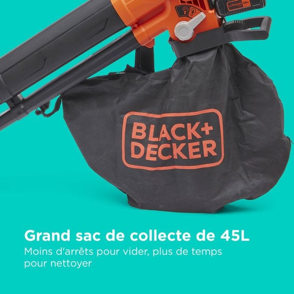 BLACK+DECKER 36V tyhji�puhaltimen silppuri - Akulla ja laturilla - 45L pussi