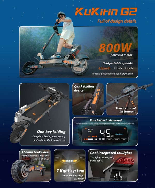 KuKirin G2 El-løbehjul til voksne 800W motor 10-tommer dæk Off-road scooter Tophastighed 45 km/t Sammenklappelig El-løbehjul