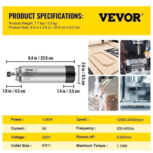 Spindelmotor, 65x205 mm, 1,5 kW, luftkølet, CNC gravering, metal