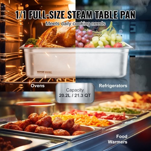 Steam Table Pan, 6-pak fuld størrelse anti-jam, 53x32,7x15 cm, rustfrit stål, cateringopbevaring