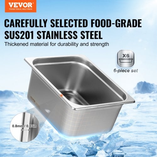 Steam Table Pan, 6-pak 1/2 størrelse anti-jam, 32,5x26,6x14,8 cm, rustfrit stål
