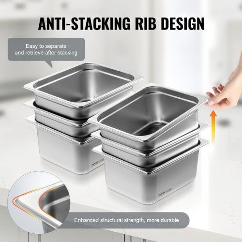 Steam Table Pan, 6-pak 1/2 størrelse anti-jam, 32,5x26,6x14,8 cm, rustfrit stål