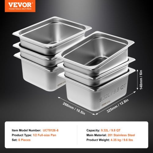 Steam Table Pan, 6-pak 1/2 størrelse anti-jam, 32,5x26,6x14,8 cm, rustfrit stål